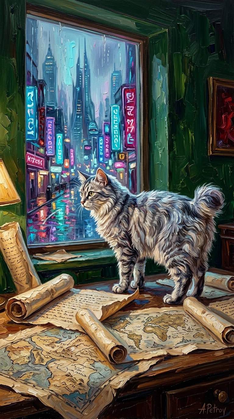 A fluffy gray cat stands on a table covered with old maps, gazing out a window into a colorful, rain-soaked cityscape with neon lights.