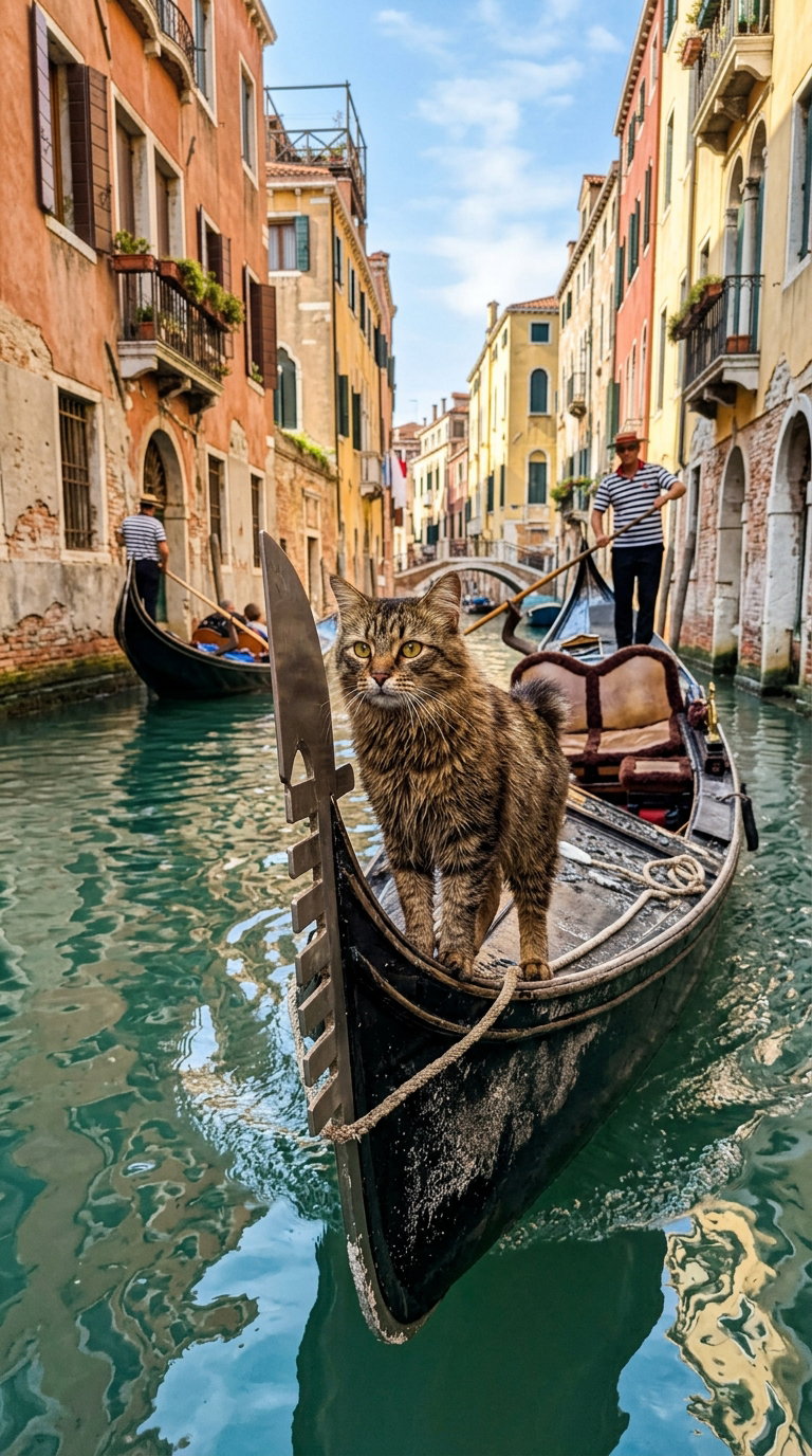 A furry brown cat standing tall on the prow of a gondola, surrounded by Venetian architecture and water.