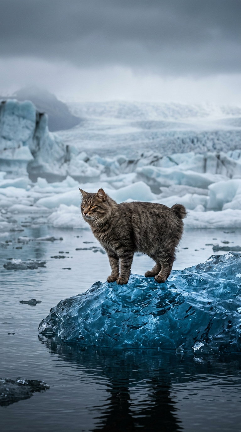 A tabby cat stands on a translucent iceberg with a glacial background and cloudy sky.