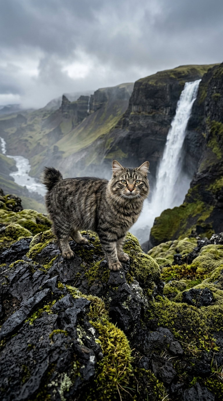 A striped tabby cat stands on rocky terrain in front of a waterfall, surrounded by lush green hills and a cloudy sky.