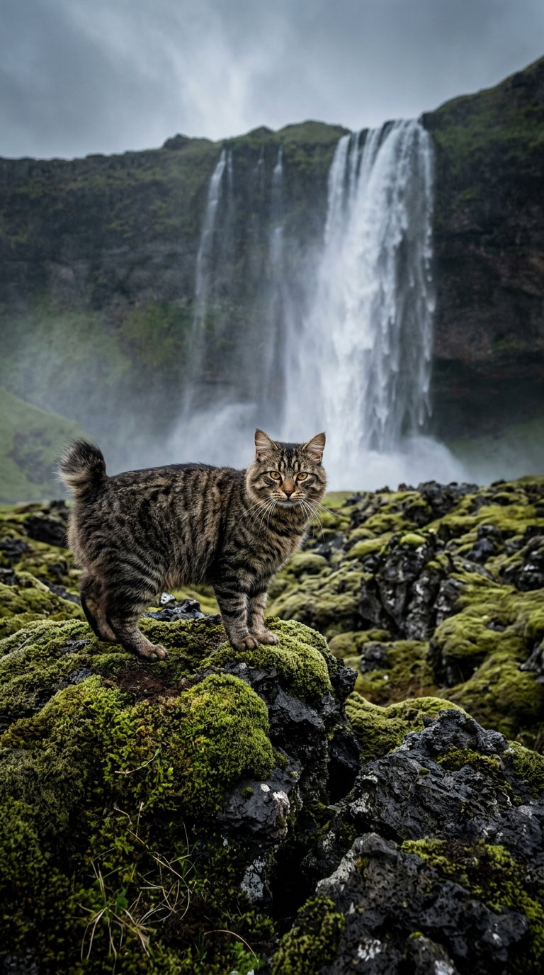 A striped tabby American Bobtail cat stands on moss-covered rocks in front of a large waterfall, surrounded by lush greenery under a cloudy sky.