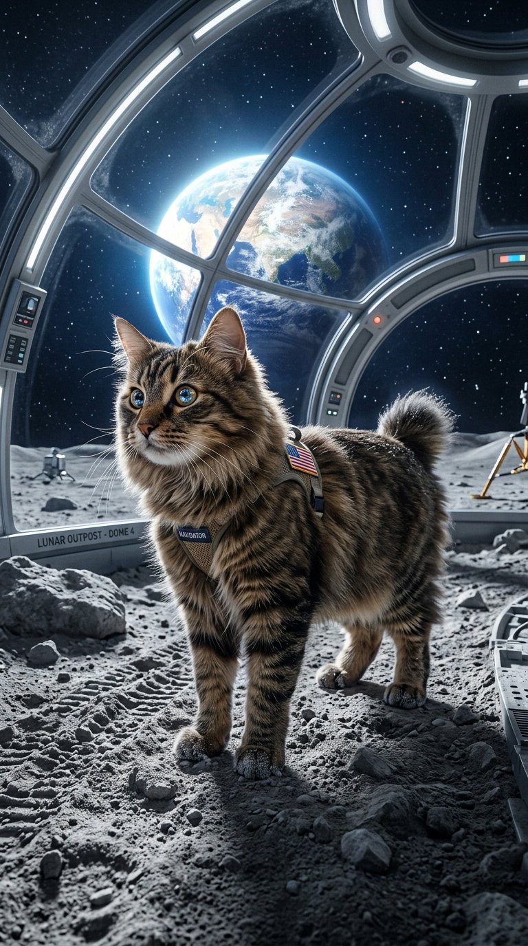 A fluffy American Bobtail cat with blue eyes standing on the moon's surface, wearing a space harness, with Earth visible in the background.