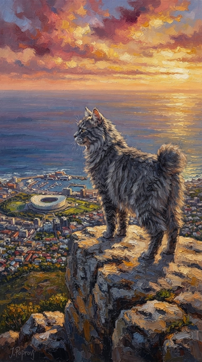 A fluffy American Bobtail cat standing on a rocky cliff, gazing at a sunset over the ocean, with a cityscape visible in the background.