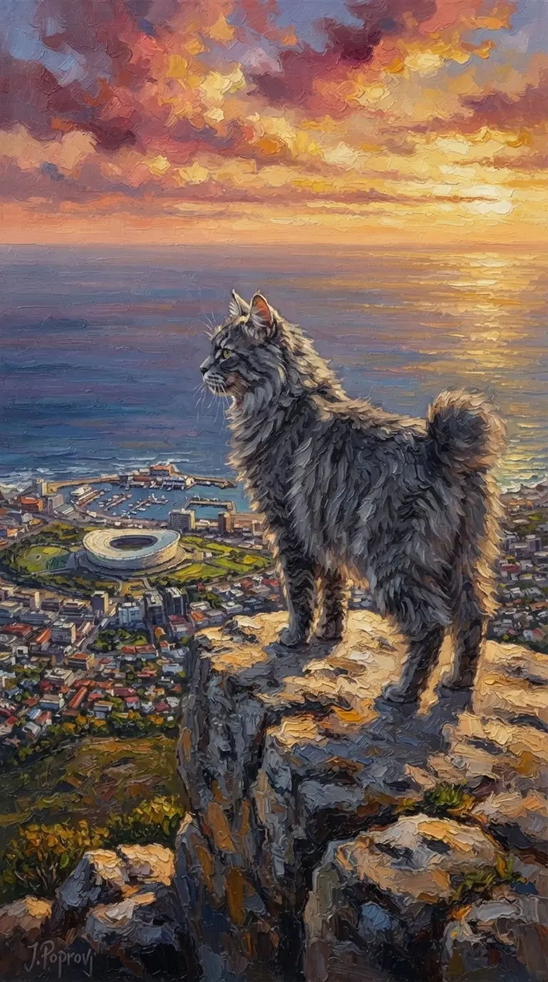 Majestic American Bobtail Cat Overlooking a Coastal Sunset