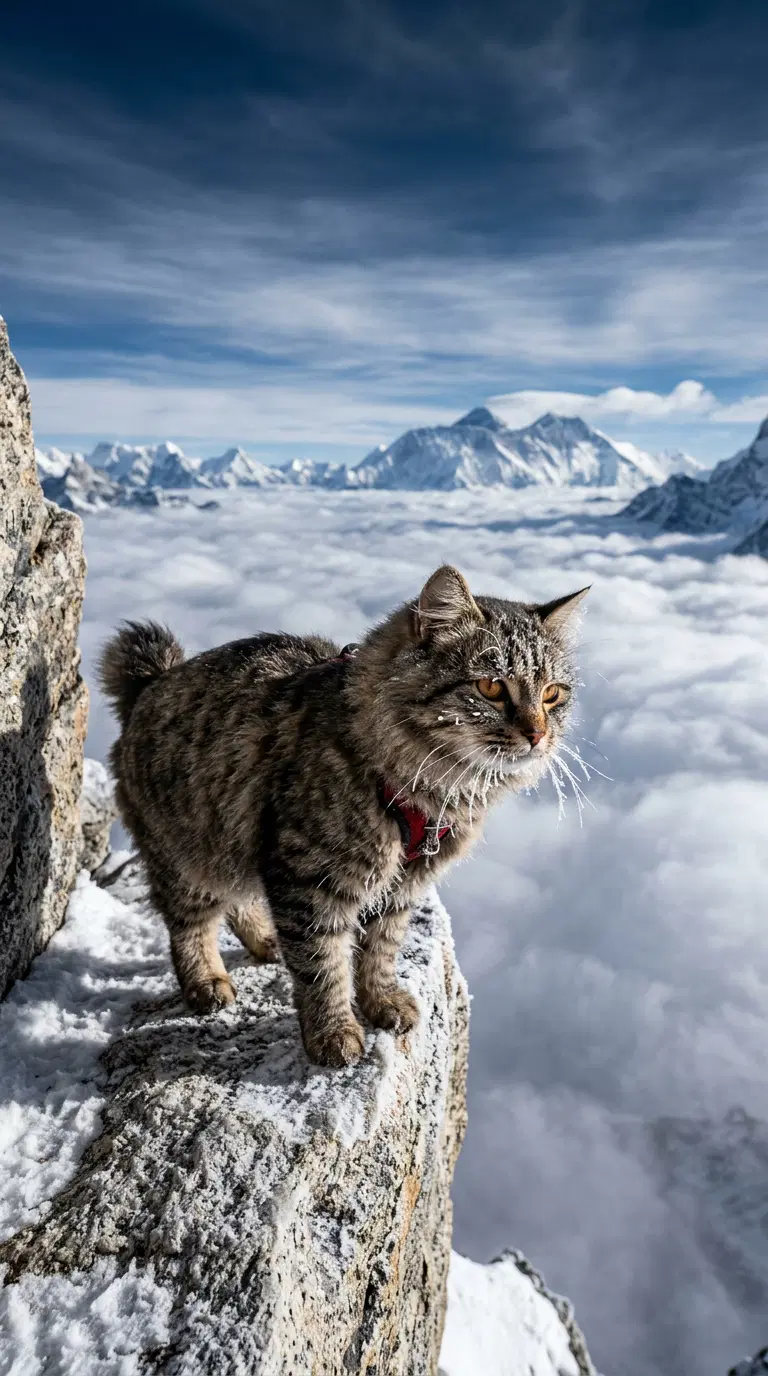 A Majestic American Bobtail Cat on a Snowy Mountain Summit