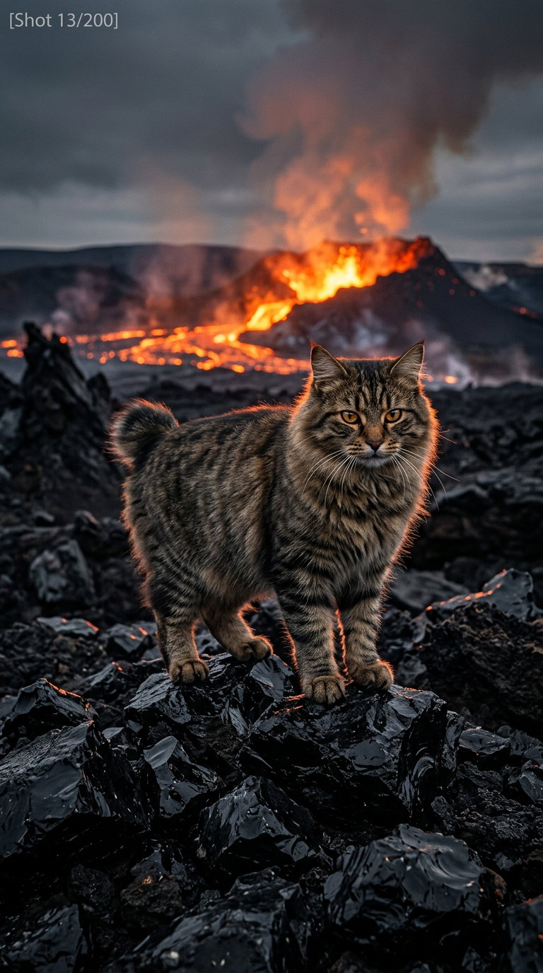 A striped American Bobtail cat stands confidently on black volcanic rocks with lava flowing in the background, under a dramatic sky.