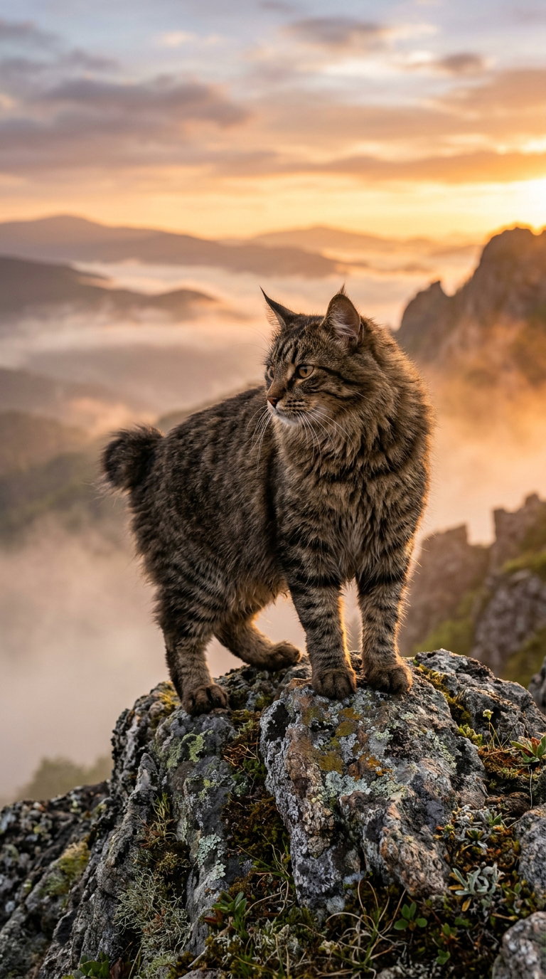 A tabby American Bobtail cat standing on a rock overlooking a misty valley at sunrise.