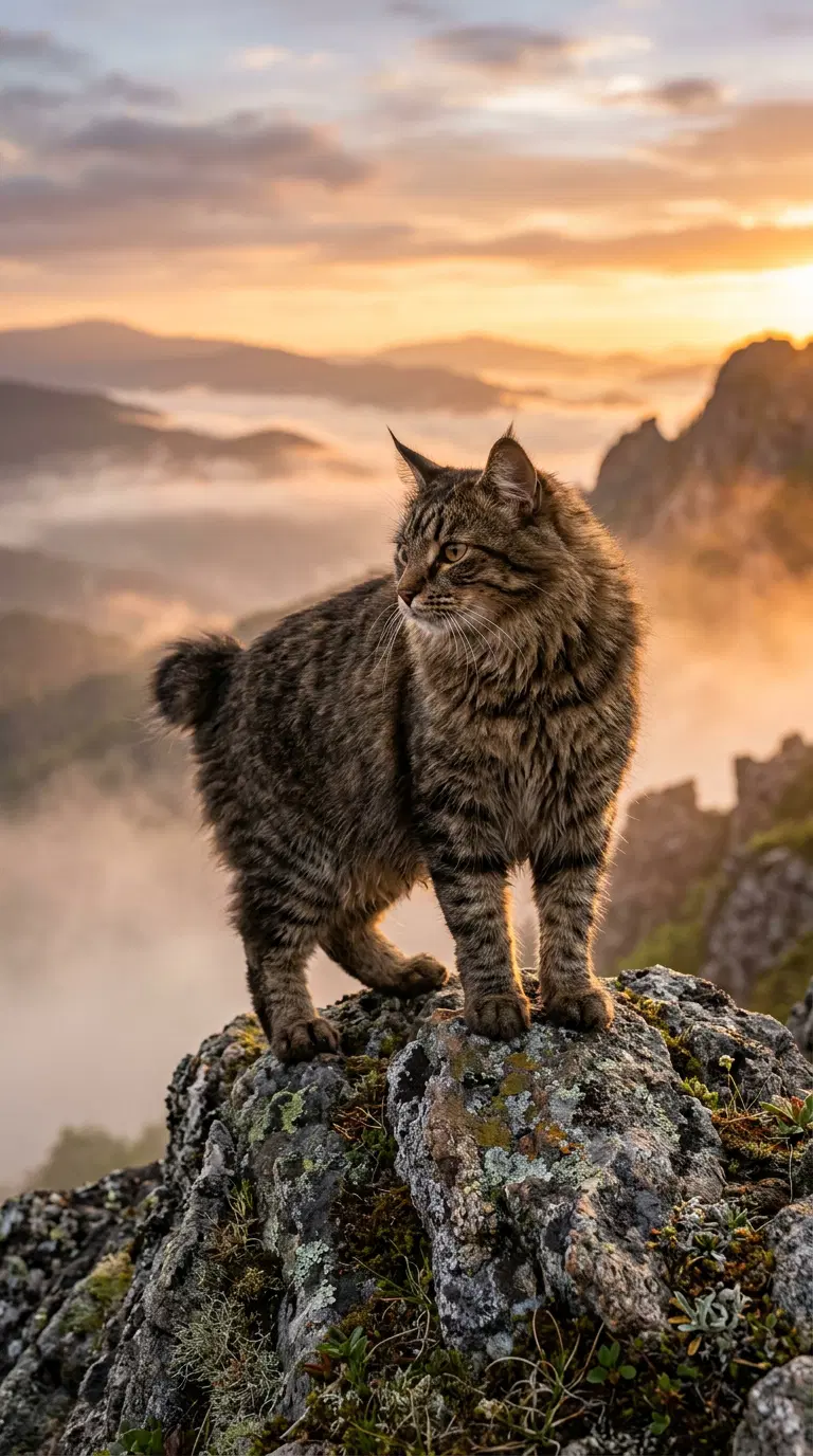 American Bobtail Cat on Rocky Outcrop at Sunrise