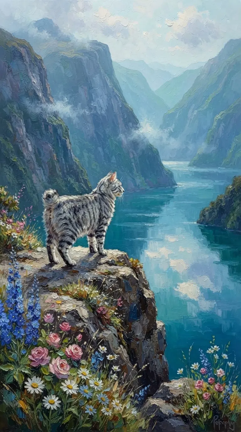 Majestic American Bobtail Cat Overlooking a Serene Landscape
