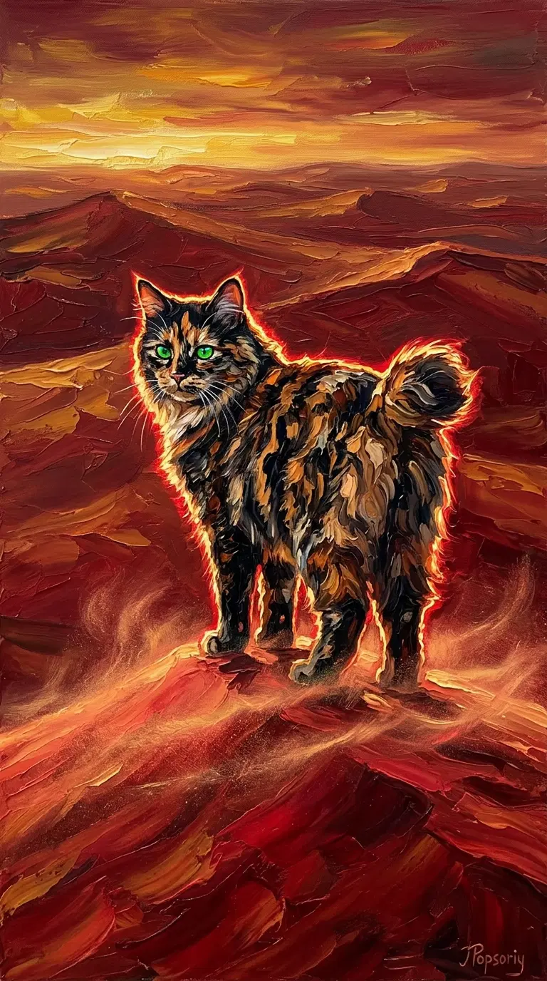 Majestic American Bobtail Cat in a Sunset Landscape