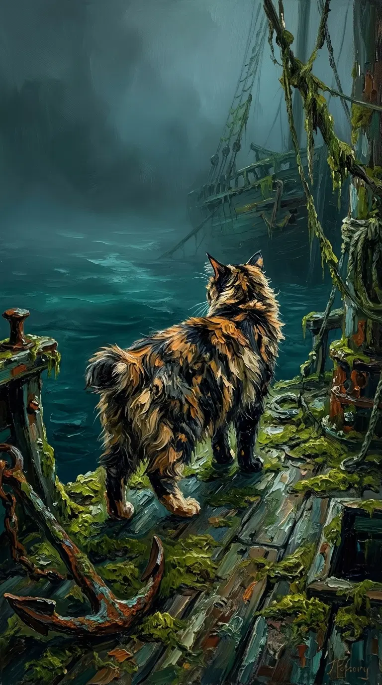 A Bobtail Cat Standing on a Mysterious Dock near Water