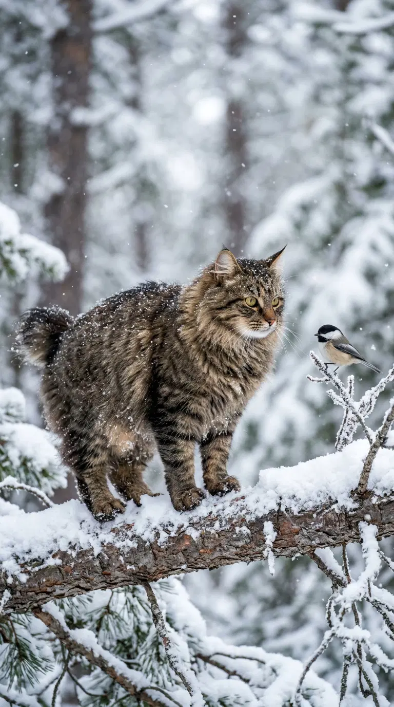 A majestic American Bobtail cat in a snowy forest setting