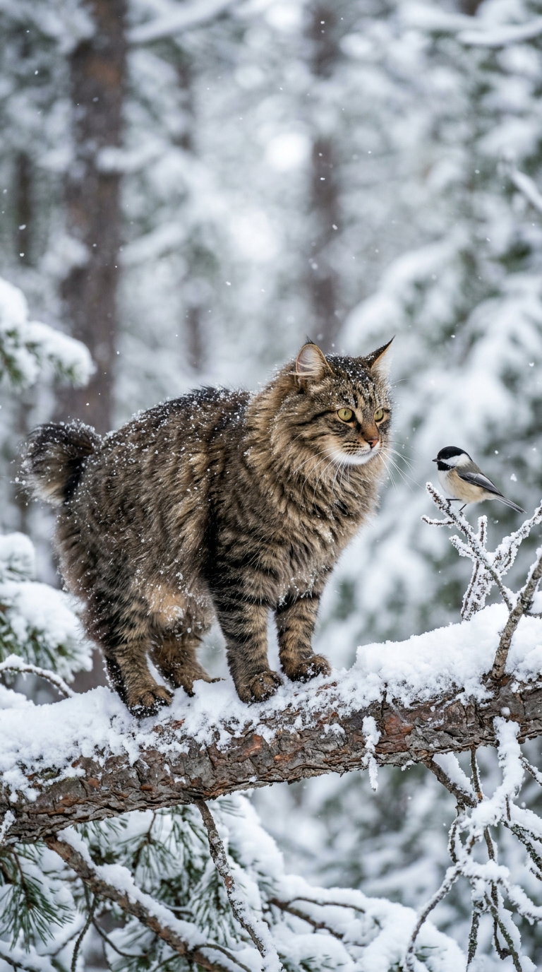 A furry tabby cat standing on a snow-covered branch with trees in the background
