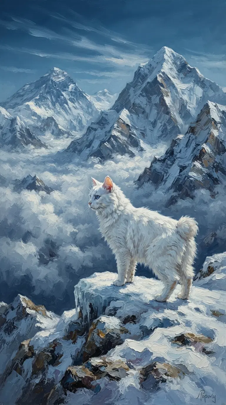 White Bobtail Cat Standing Majestically on Snowy Mountain Peak