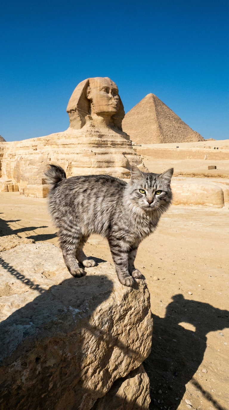 A gray striped American Bobtail cat standing on a rock near the Great Sphinx of Giza, with pyramids visible in the background under a clear blue sky.