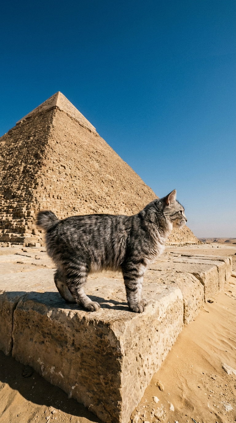 A striped American Bobtail cat stands on a stone structure, with a tall pyramid in the background against a clear blue sky.