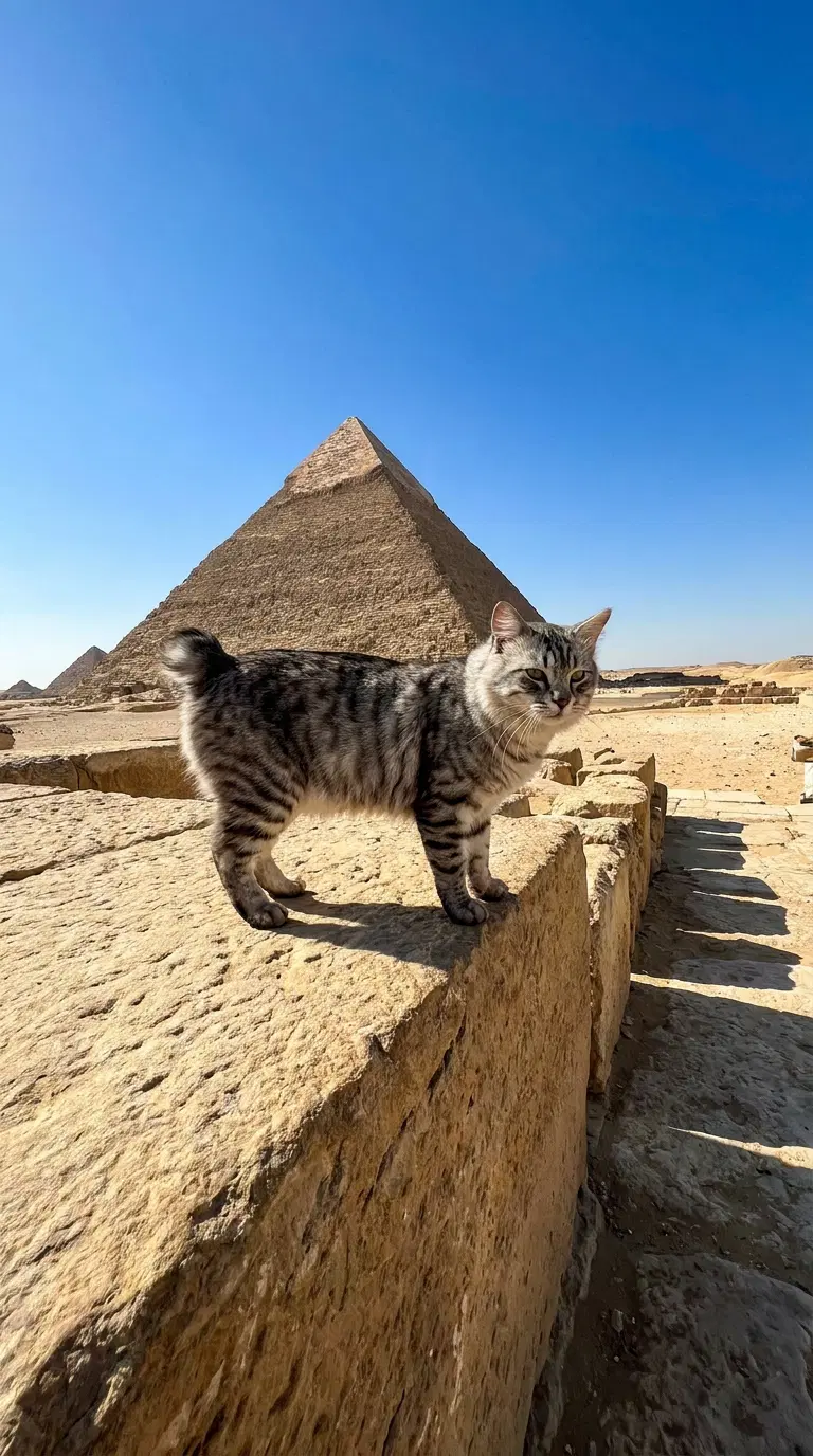 Tabby Cat in Front of the Great Pyramid of Giza