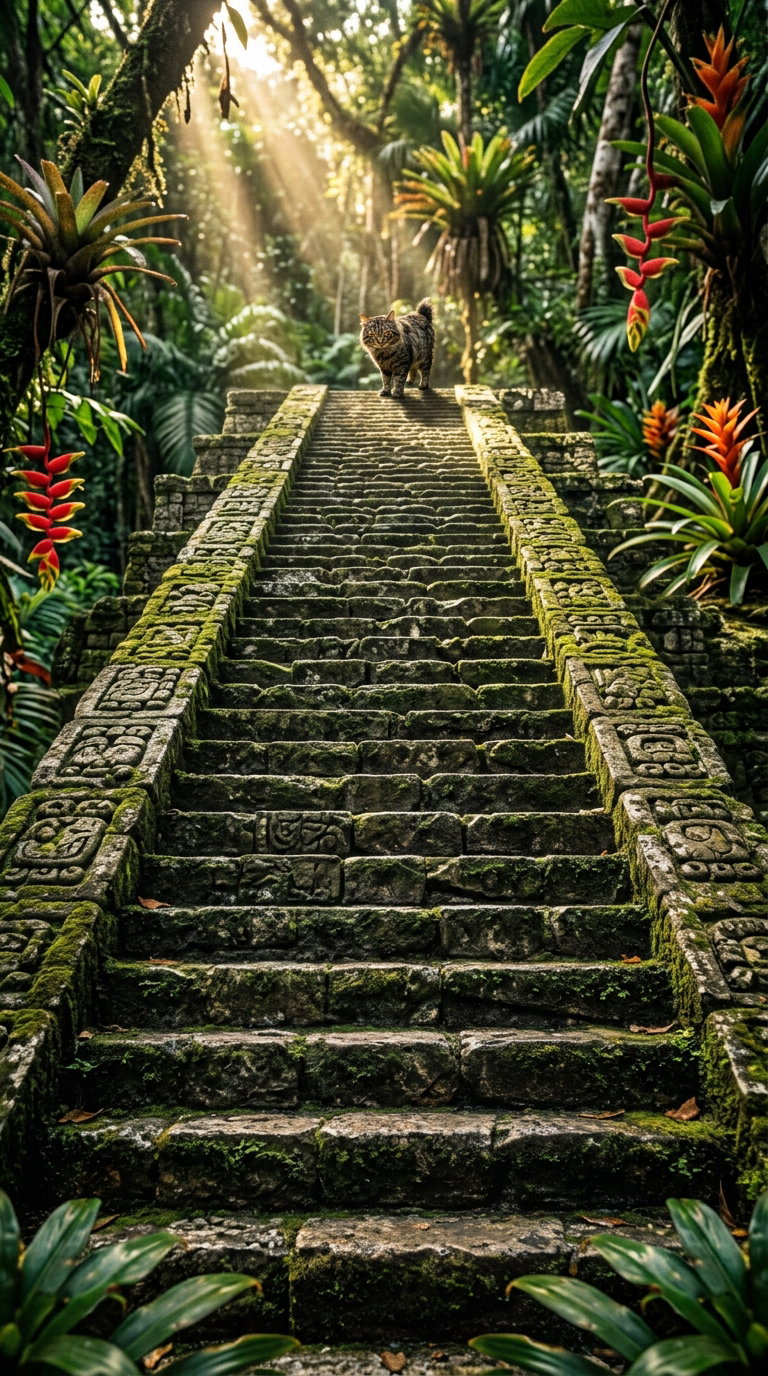 A cat walking up an ancient stone staircase in a dense tropical forest, surrounded by lush green plants and vibrant flowers, with rays of sunlight filtering through the trees.