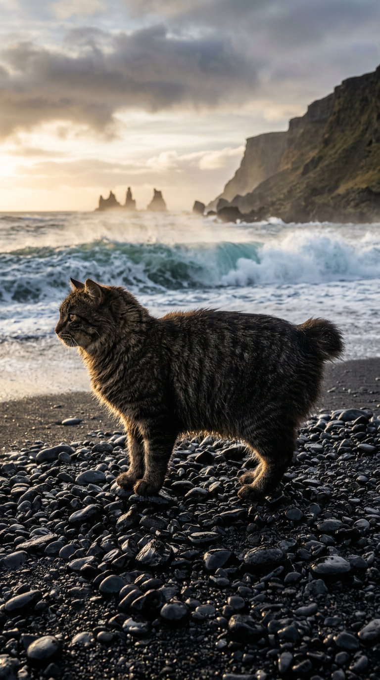 A striped American Bobtail cat standing on black pebbles at the beach, with waves and cliffs in the background, illuminated by a golden sunset.