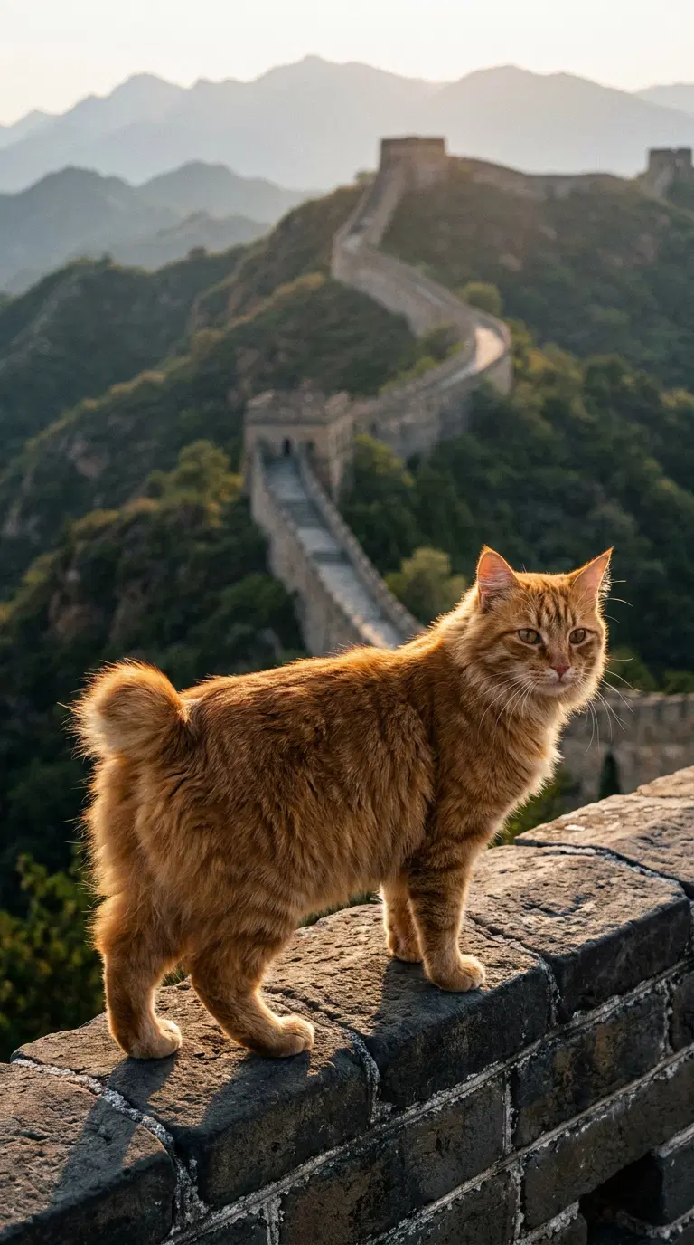A Majestic American Bobtail Cat Overlooking the Great Wall