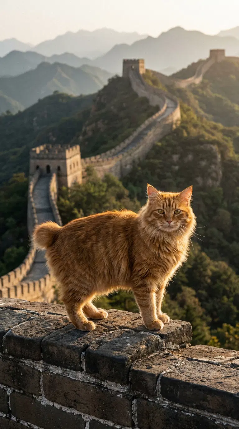 Orange Bobtail Cat on the Great Wall of China at Sunset