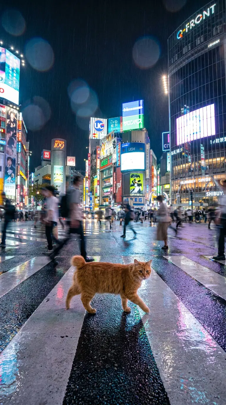 A Calico Cat Strolling Through a Busy City at Night