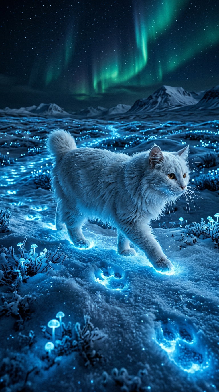 A white cat walking on a glowing, blue pathway in a snowy landscape under a starry night sky with the aurora borealis.