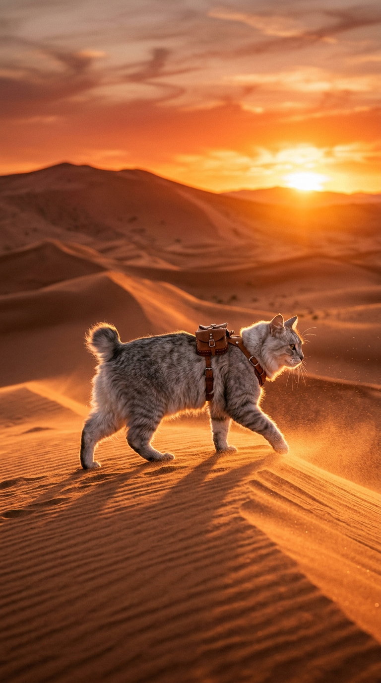 A gray American Bobtail cat with a small backpack walking on sand dunes during sunset, with orange and golden skies in the background.