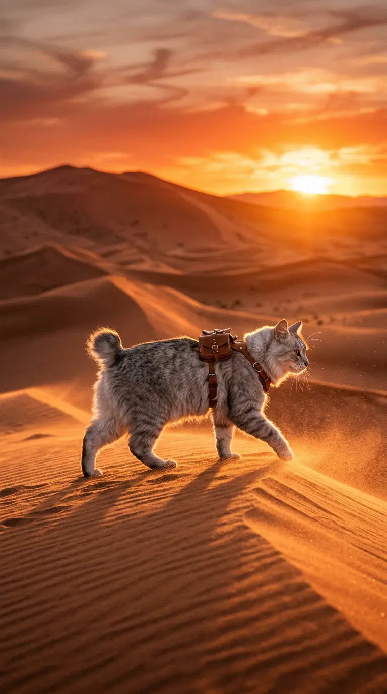 American Bobtail Cat Walking in the Desert at Sunset