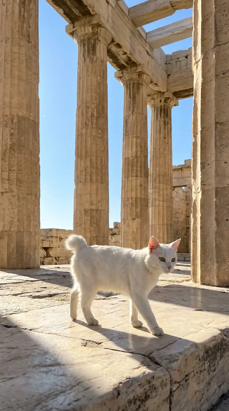 A White Cat Walking Among Ancient Columns in Bright Sunlight