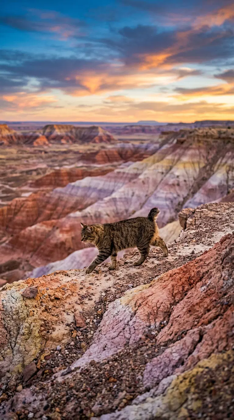 A Bobtail Cat Exploring a Colorful Desert Landscape at Sunset