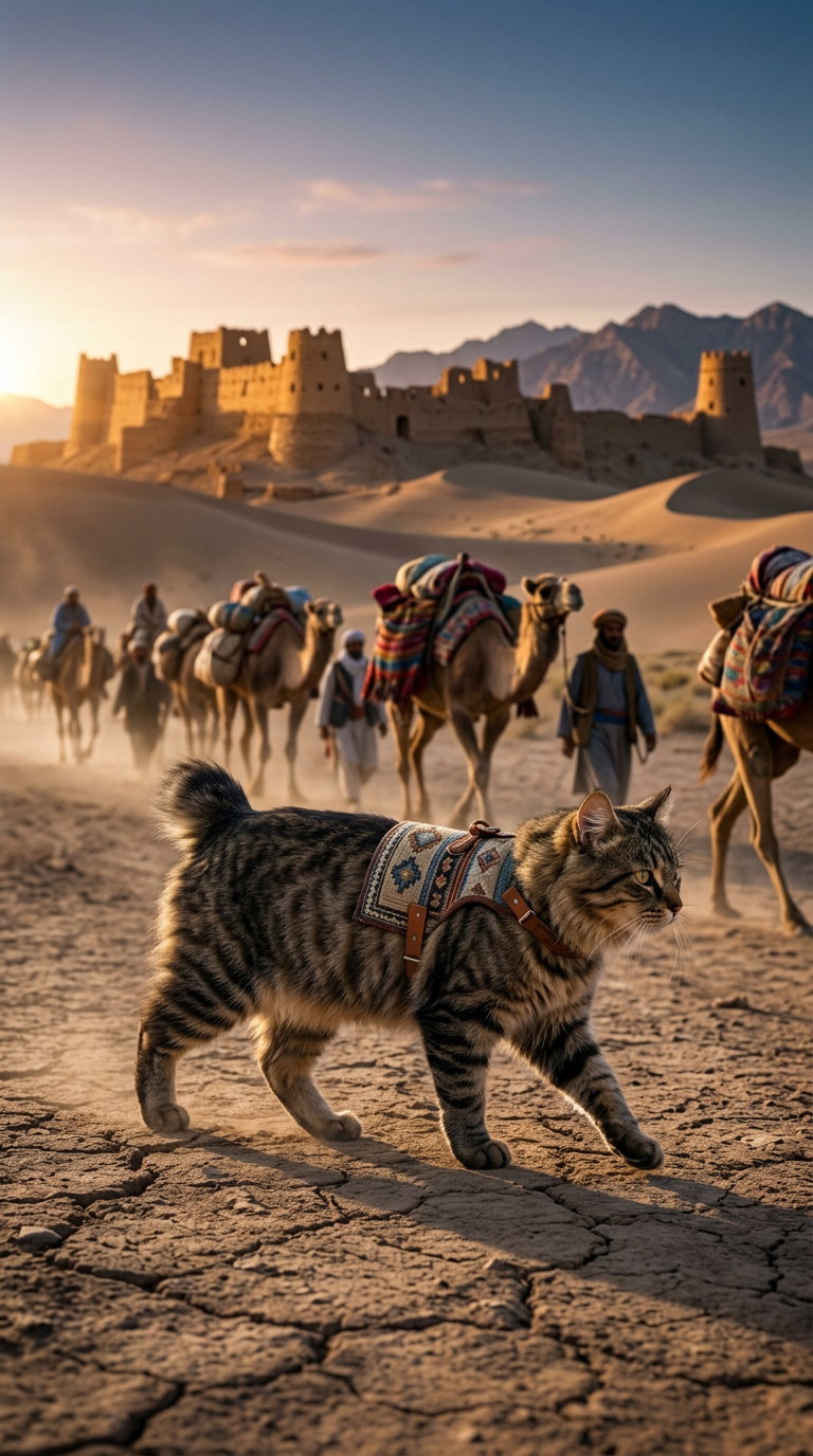 A tabby cat walking on sandy terrain with a caravan of camels in the background and ancient ruins on a distant hill against a sunset sky.