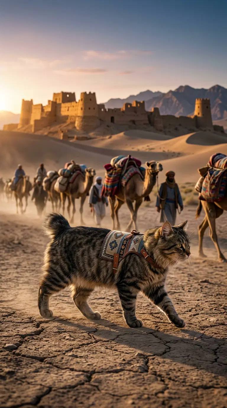 American Bobtail Cat Strolling Through a Desert Landscape