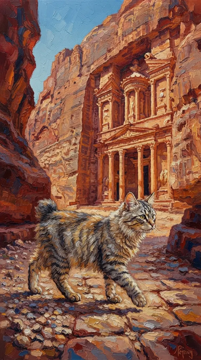 A Bobtail Cat Walking Through Ancient Ruins