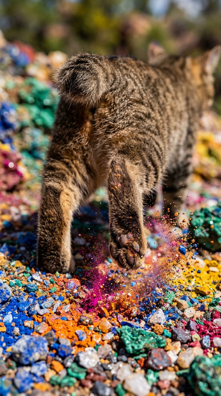 A tabby kitten with a short tail running across a vibrant, colorful surface filled with pebbles and bright substances.