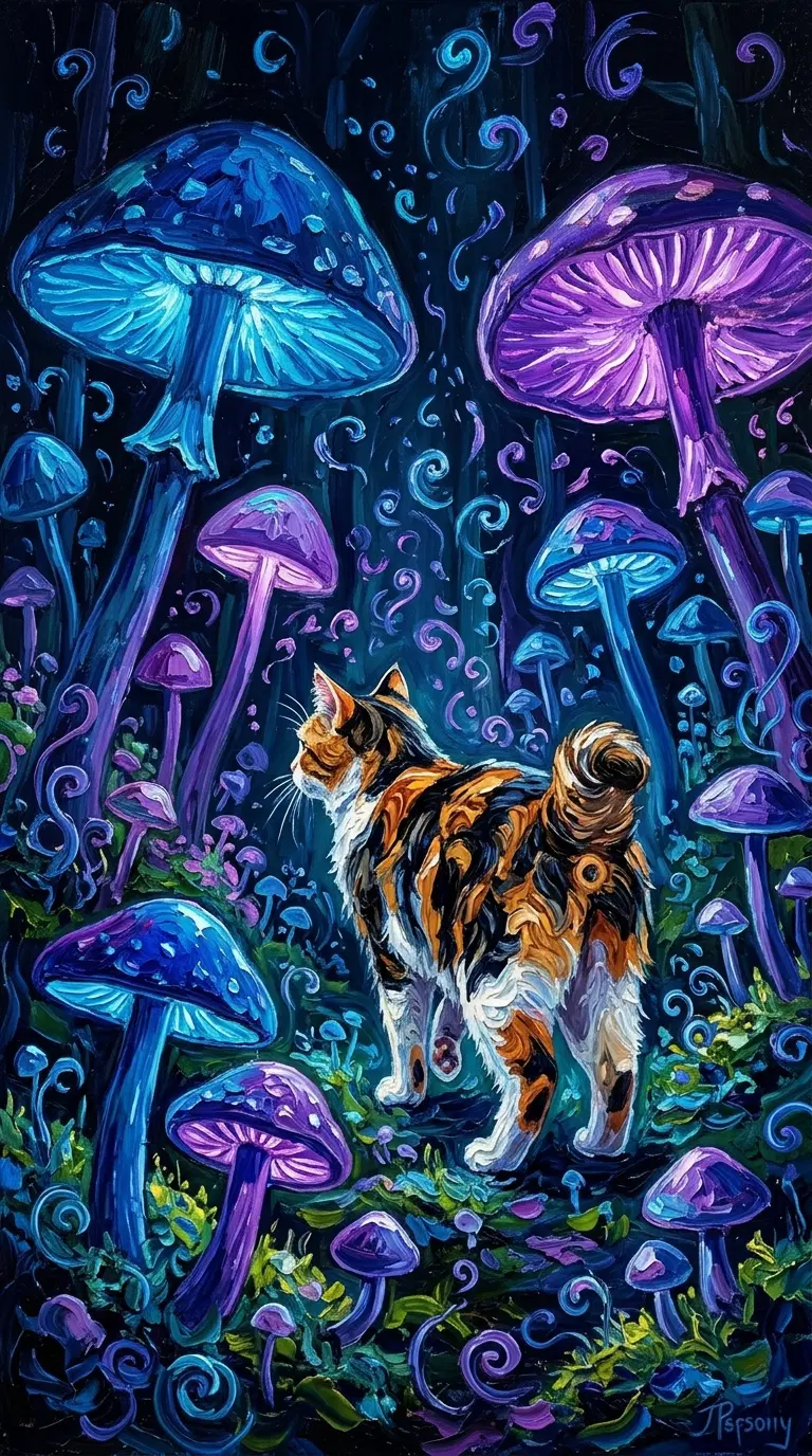 A Calico Cat Among Vibrant Mushrooms in a Dreamy Forest