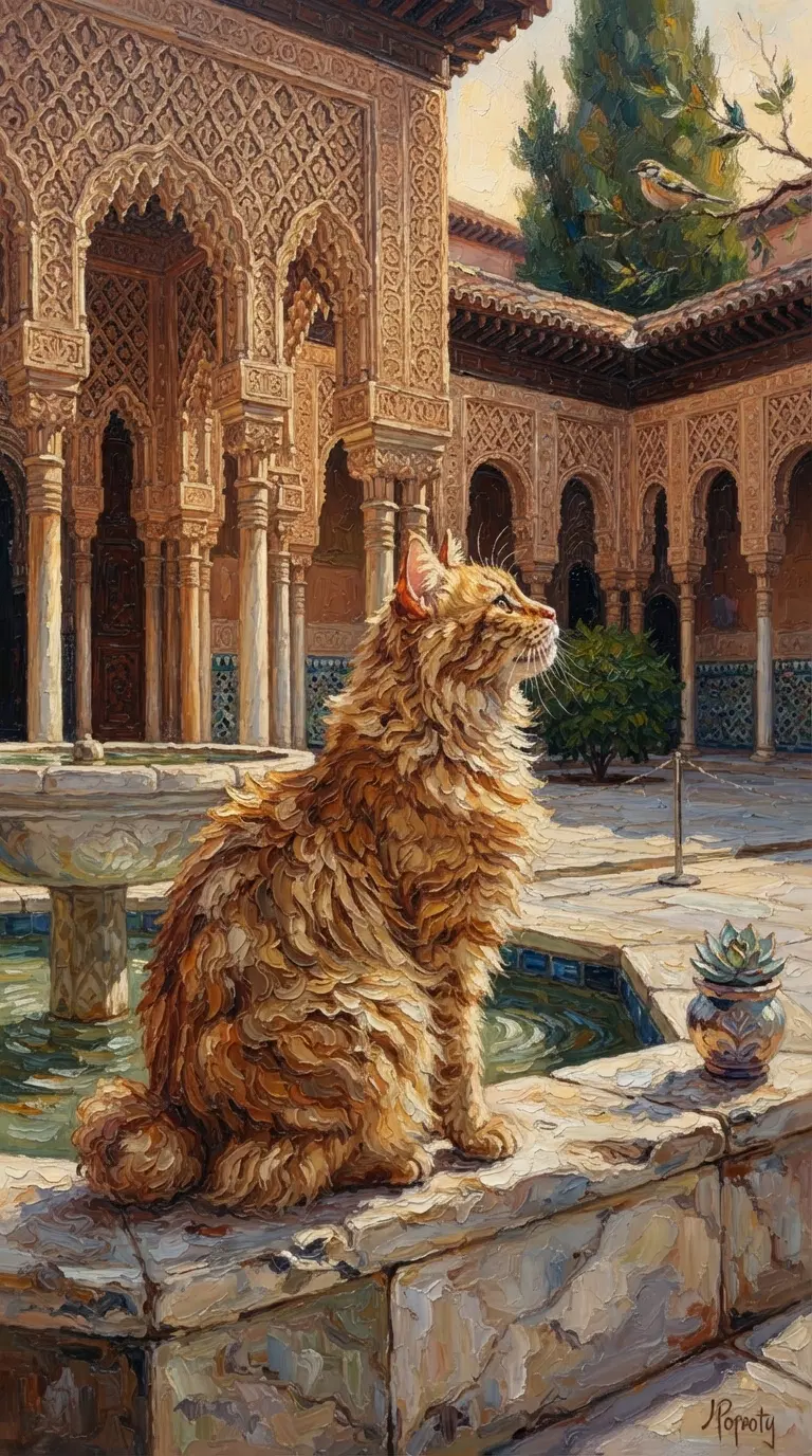 Elegant Orange Bobtail Cat in a Historic Courtyard
