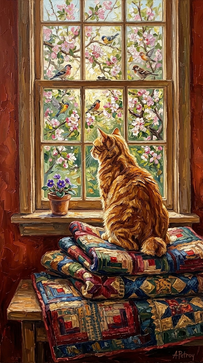 An orange cat sitting on a stack of quilts by a window, looking at flowering trees and birds outside.