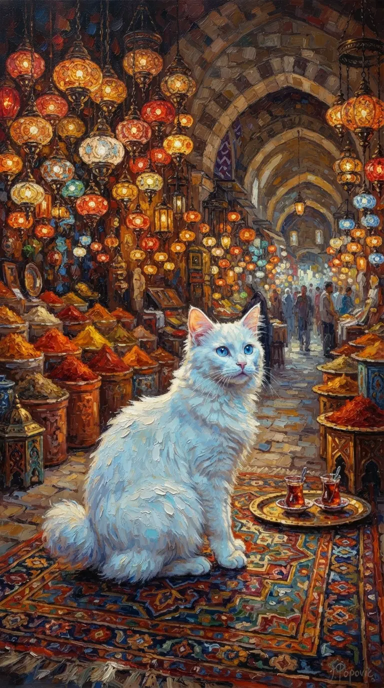 A White Cat in a Colorful Market Surrounded by Lanterns