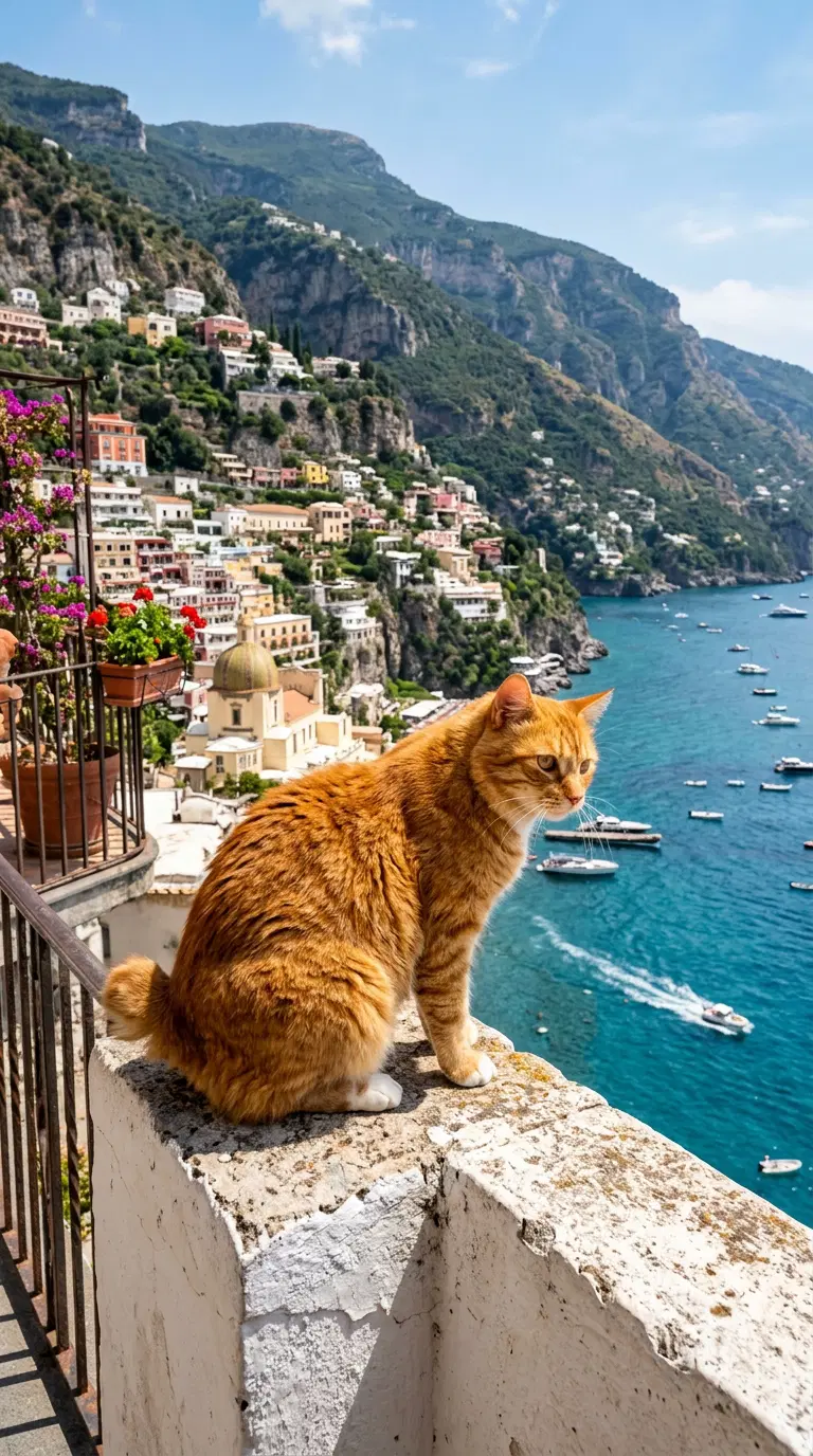 A Ginger Cat Overlooking a Scenic Coastal Village