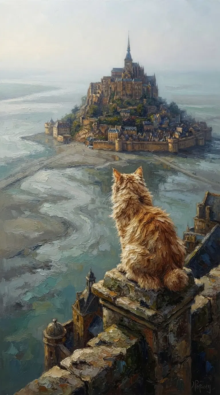 A majestic orange cat gazes at a distant island fortress
