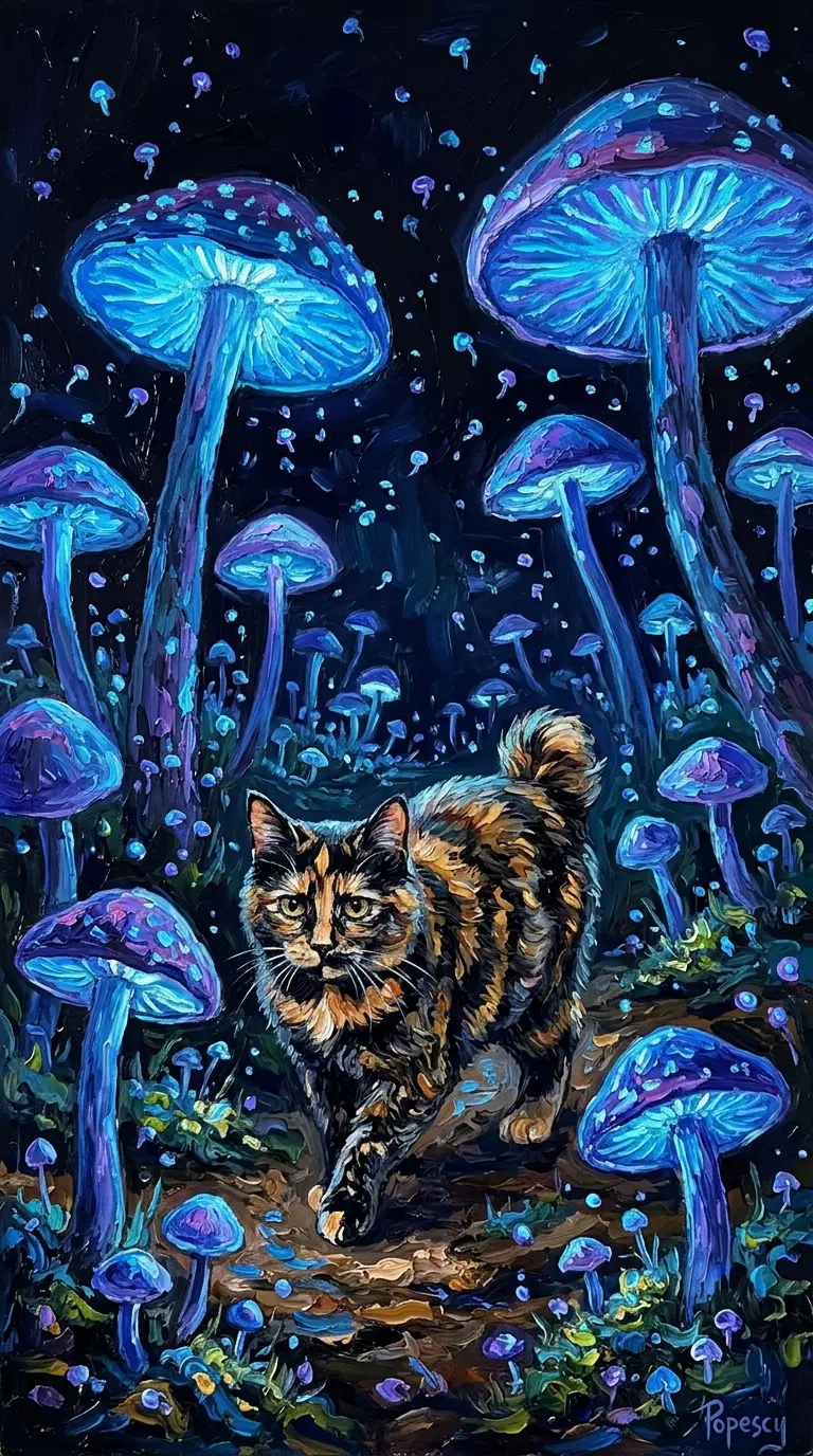 Mystical American Bobtail Cat Among Glowing Mushrooms