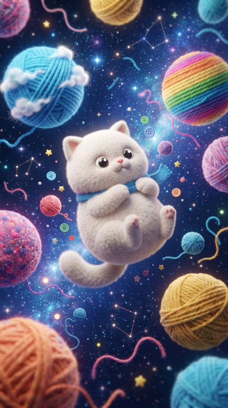A cute cat with a fluffy white body, wearing a blue scarf, floating among colorful yarn balls in a starry space background.