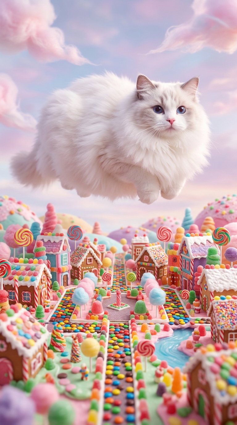 A fluffy white cat floating above a vibrant candy-themed village with colorful buildings and sweet decorations.