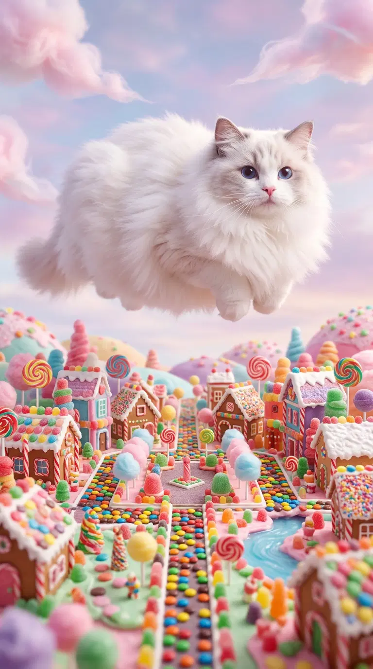 A Dreamy Scene of a Cat above a Colorful Candy Land