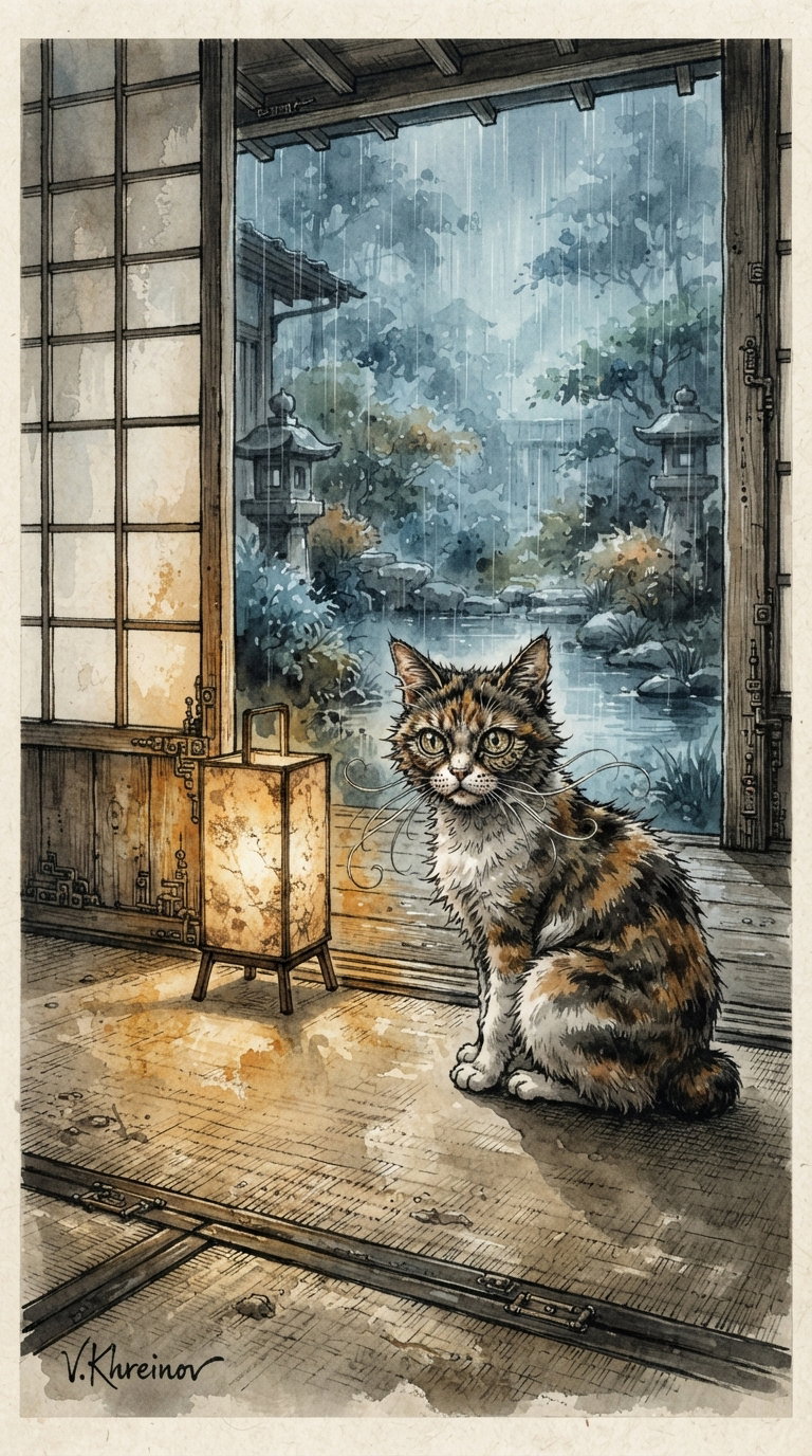 A detailed illustration of a calico cat sitting beside a lantern in a traditional Japanese room during rain, with a serene garden visible through the window.