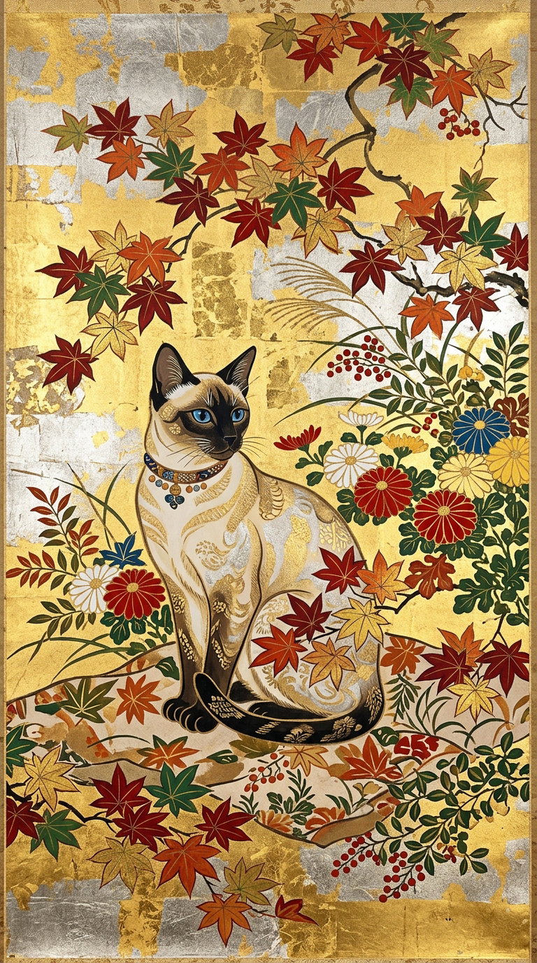 A Siamese cat adorned with jewelry sitting among colorful autumn leaves and flowers on a shimmering gold background.