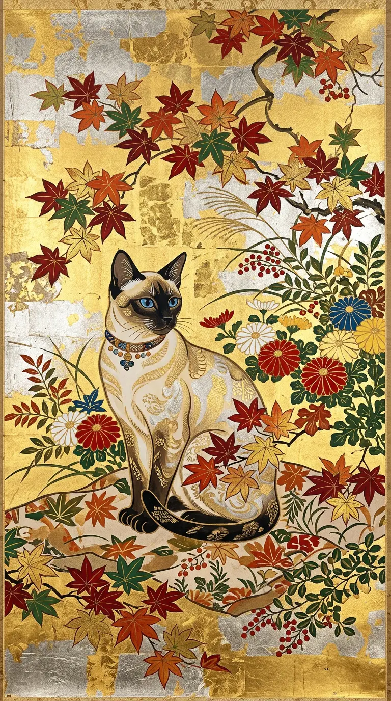 Japanese Inspired Cat Art with Autumn Foliage and Gold Background