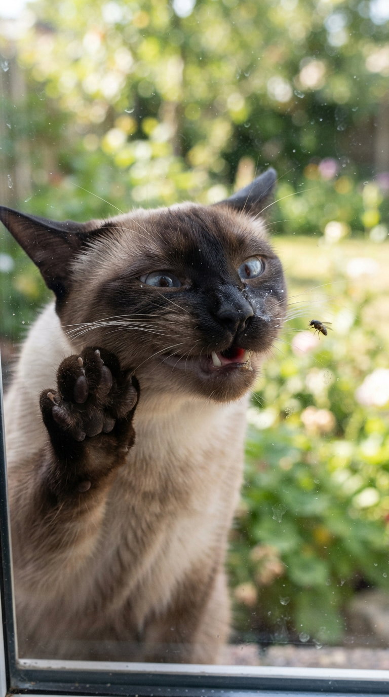 A Siamese cat with a focused expression, pawing at a fly on a glass window, surrounded by a green garden background.