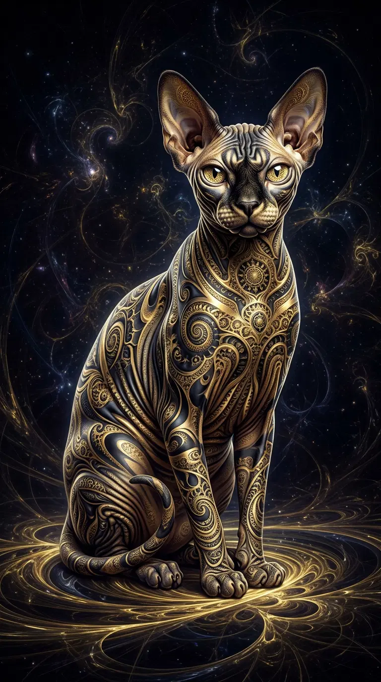 Intricate Surreal Art of a Sphinx Cat with Cosmic Patterns